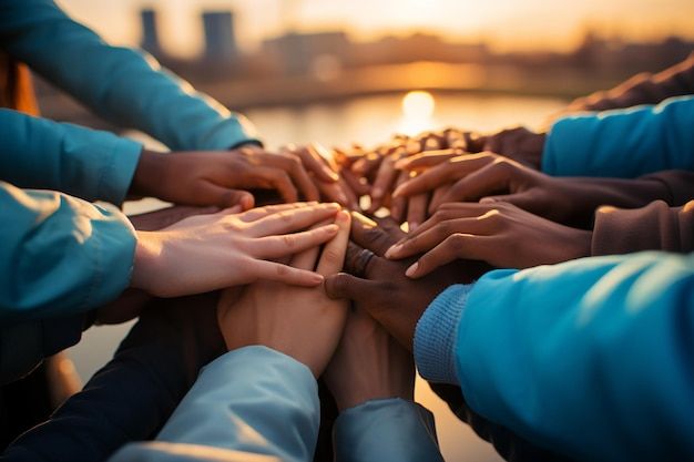 working together team work concept with hands united together premium ai generated image